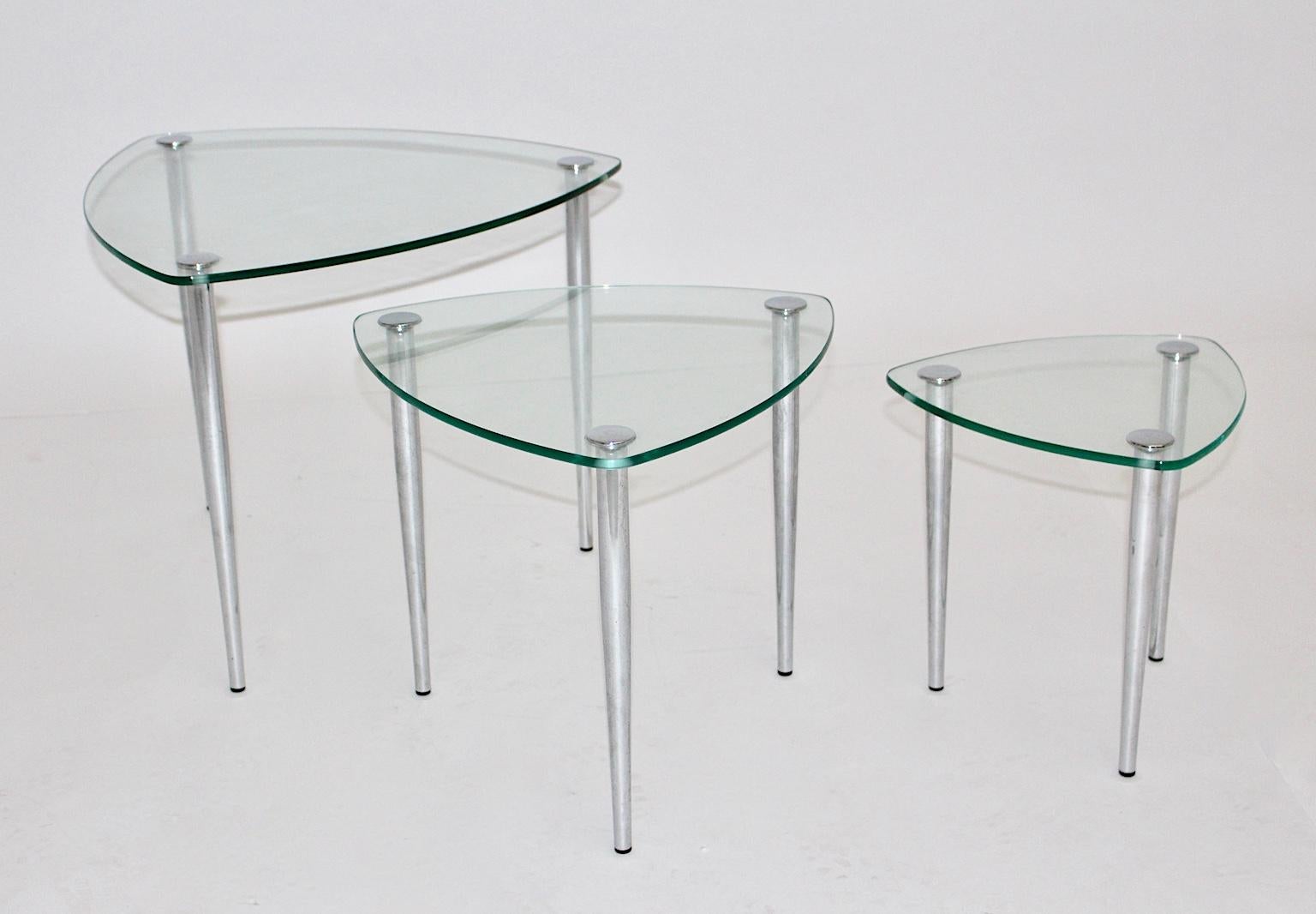 Italian Mid-Century Modern Vintage Glass Metal Nesting Tables / Sofa Tables Italy 1960s For Sale
