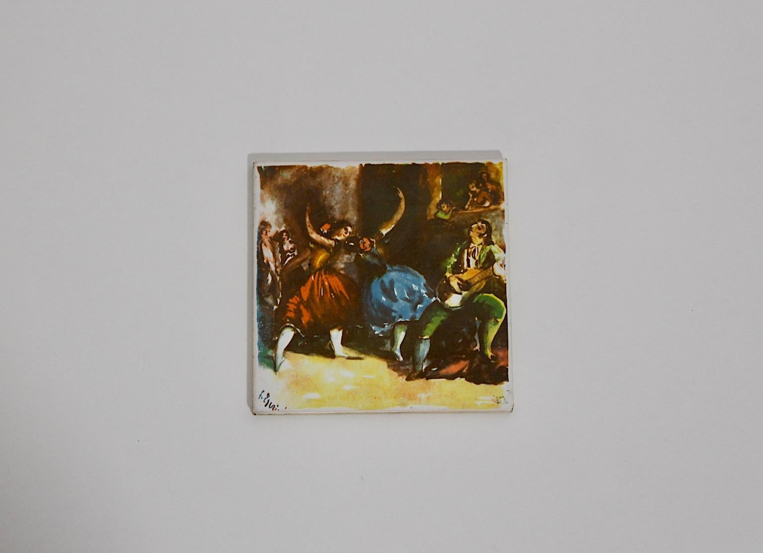 Mid-Century Modern vintage glazed ceramic tile multicolored colors 
Flamenco scene 1960s Soain.
A stunning glazed ceramic tile with Flamenco scene in multicolored colors circa 1960s. Labeled with Onda espana.
Good condition with signs of age as a