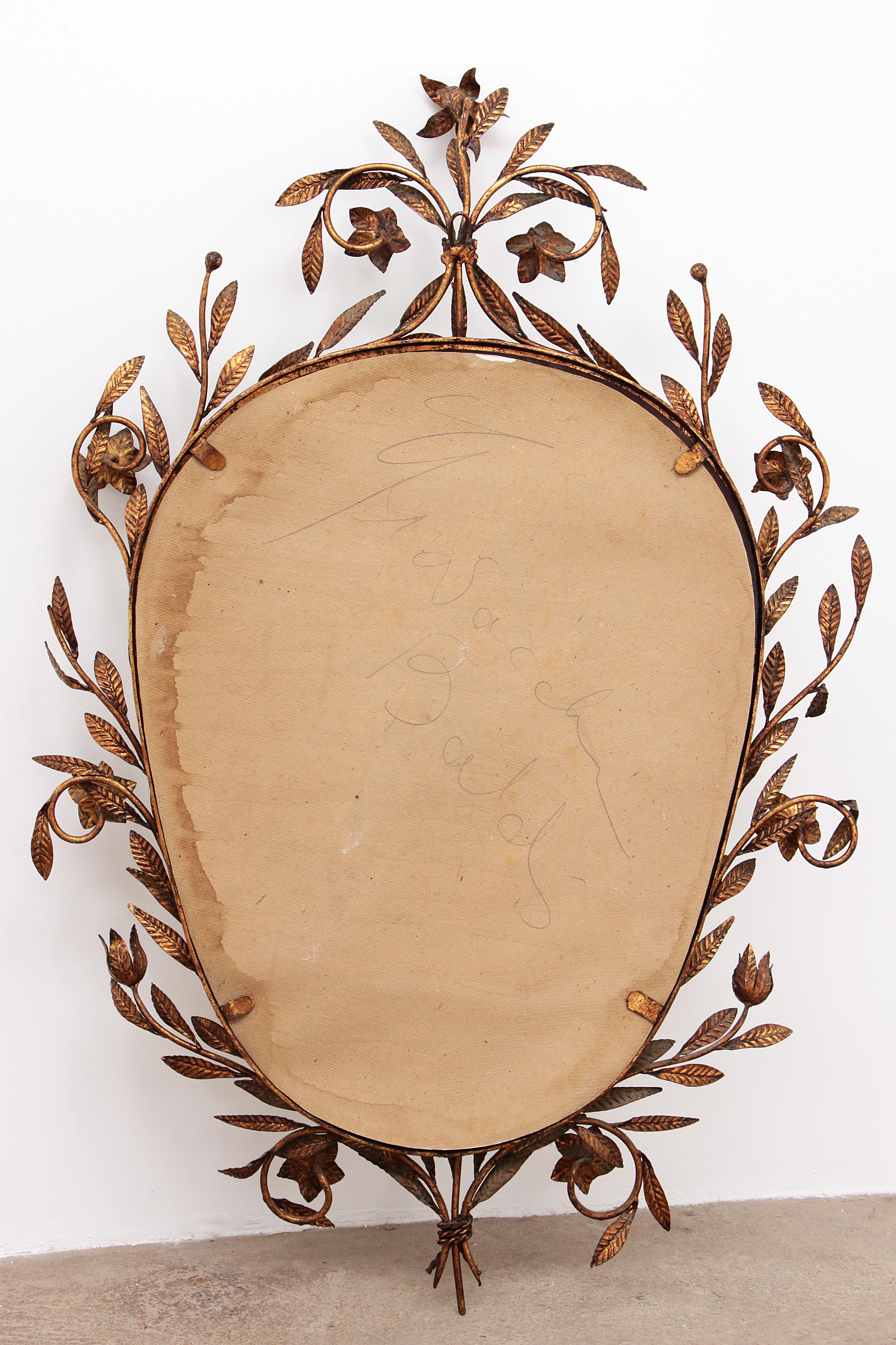 Mid Century Modern Vintage Gold Metal Oval Wall Mirror Flowers Roses 1950 Italy For Sale 7