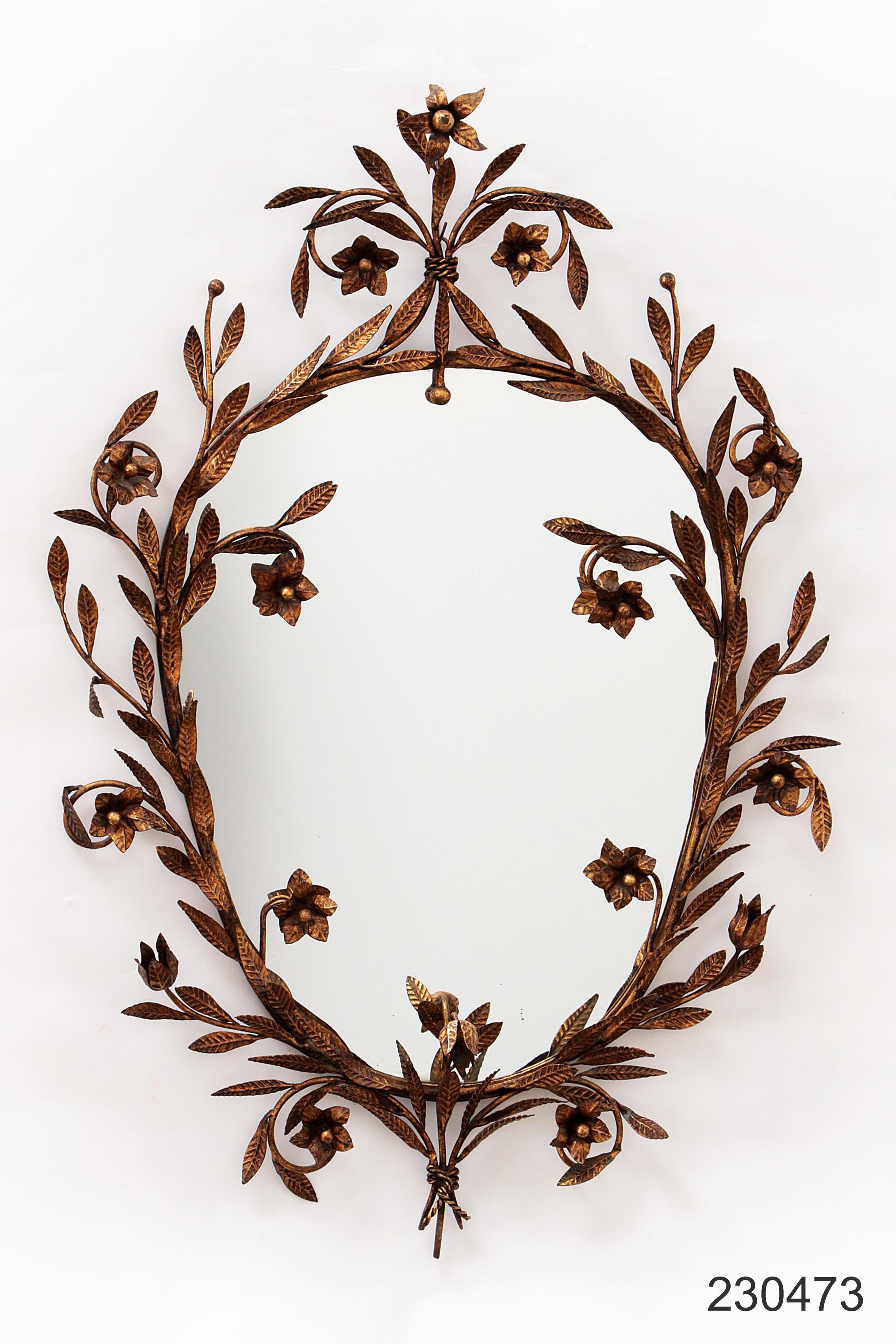 Mid Century Modern Vintage Gold Metal Oval Wall Mirror Flowers Roses 1950 Italy For Sale 9