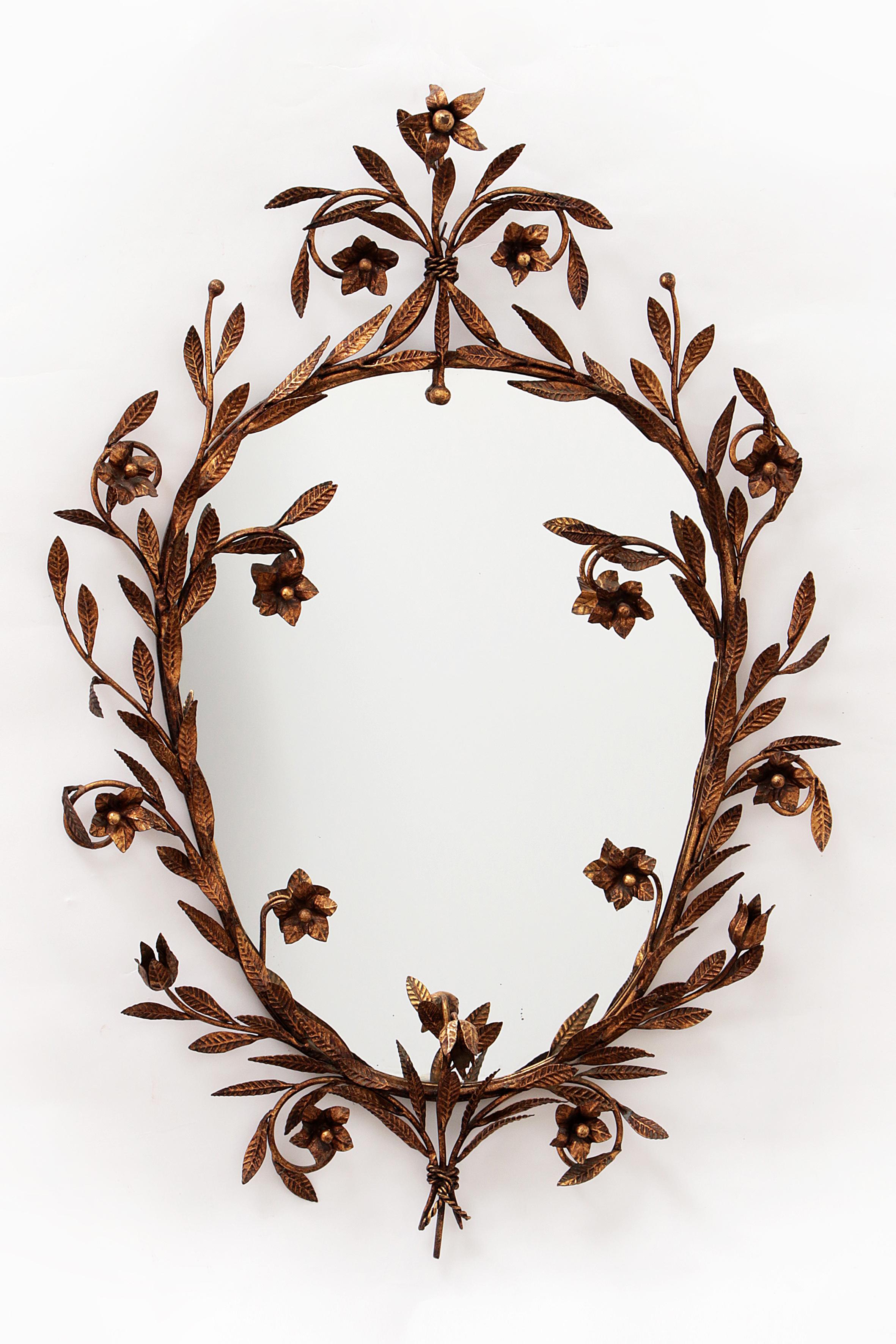 Mid-Century Modern Mid Century Modern Vintage Gold Metal Oval Wall Mirror Flowers Roses 1950 Italy For Sale