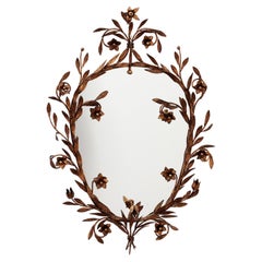 Mid Century Modern Vintage Gold Metal Oval Wall Mirror Flowers Roses 1950 Italy