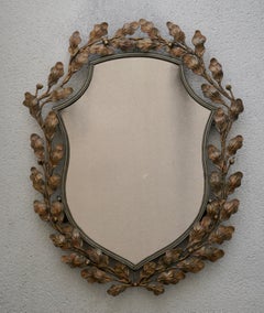 Mid Century Modern Vintage Gold Metal Oval Wall Mirror Leaves Acorn 1950 Italy