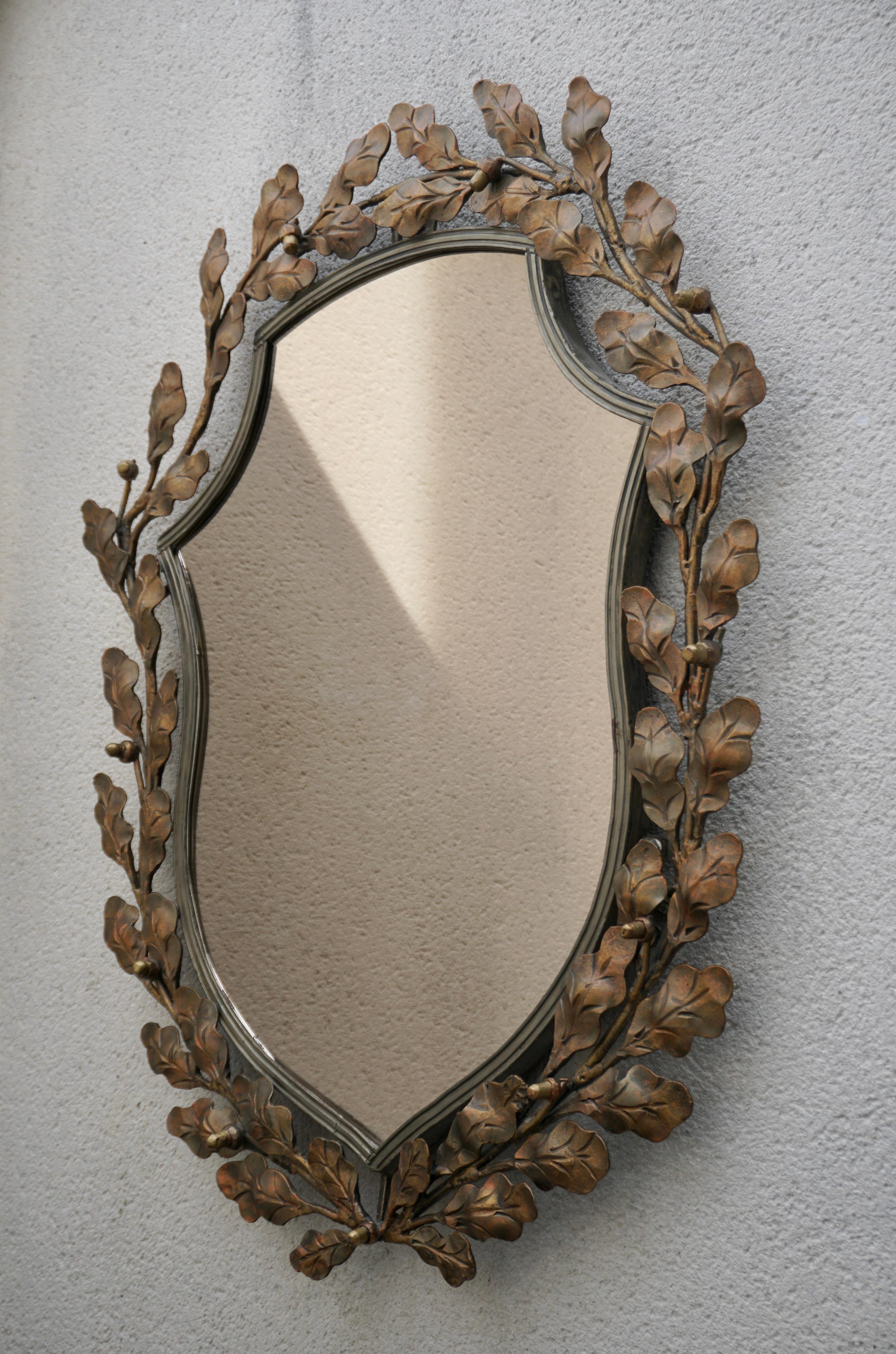 Italian Mid Century Modern Vintage Gold Metal Oval Wall Mirror Leaves Acorn 1950 Italy For Sale