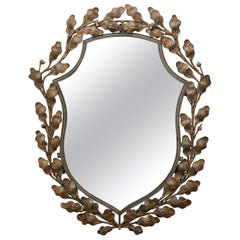 Mid Century Modern Vintage Gold Metal Oval Wall Mirror Leaves Acorn 1950 Italy
