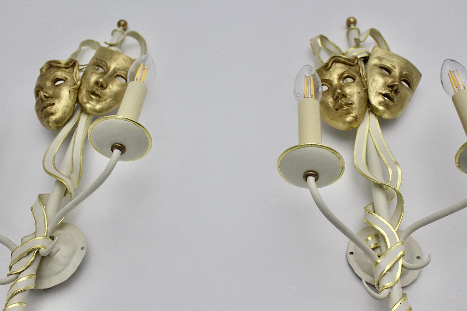 Mid-Century Modern Vintage Gold White Sconces Style Gio Ponti, Italy, 1940s For Sale 7