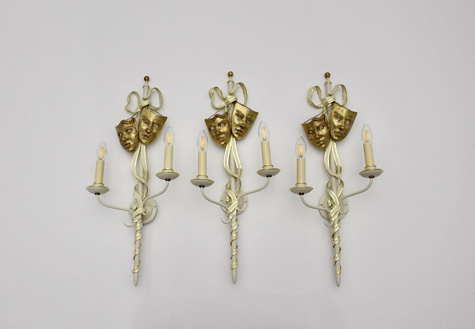 Mid-20th Century Mid-Century Modern Vintage Gold White Sconces Style Gio Ponti, Italy, 1940s For Sale