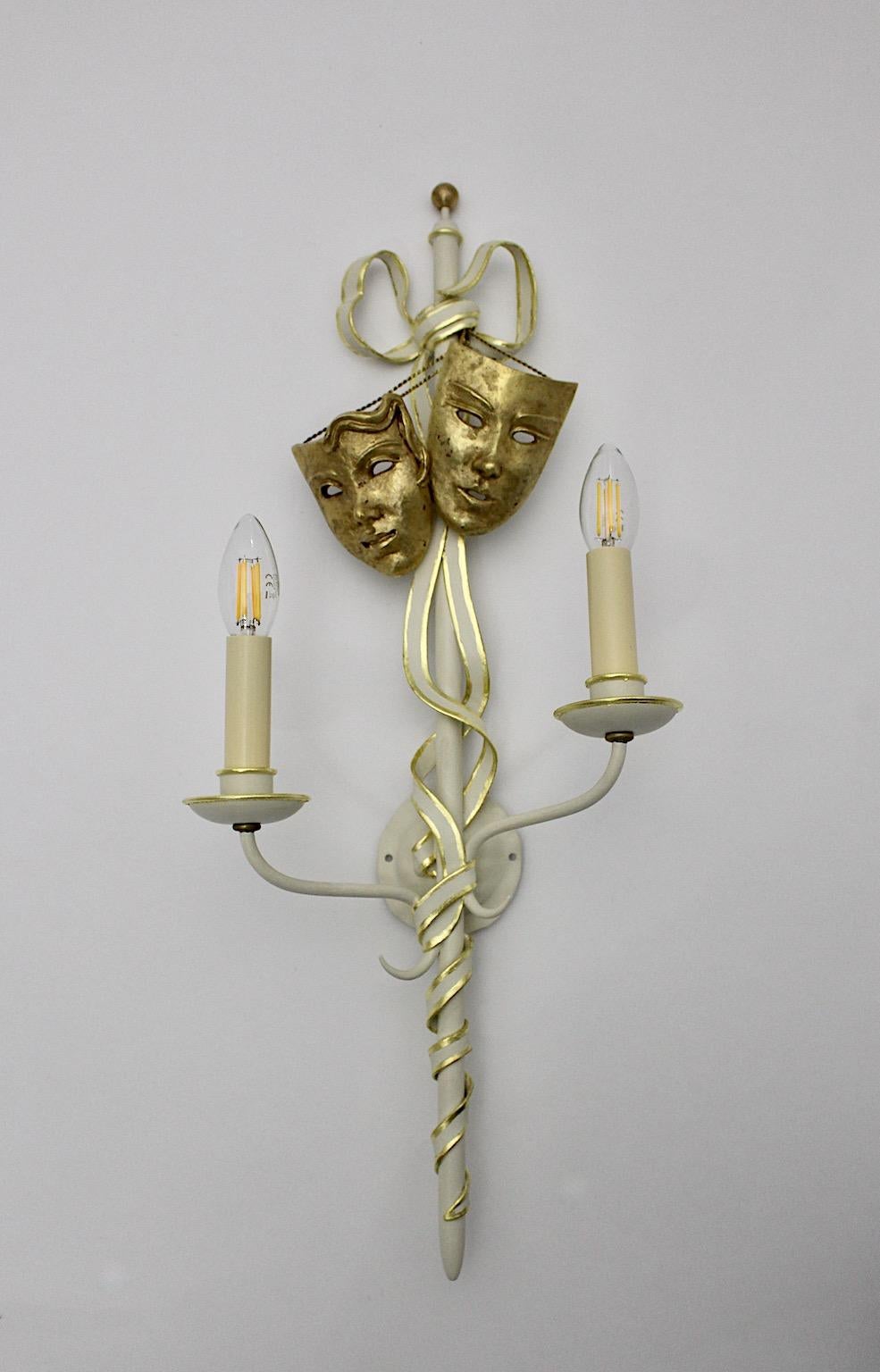 Metal Mid-Century Modern Vintage Gold White Sconces Style Gio Ponti, Italy, 1940s For Sale