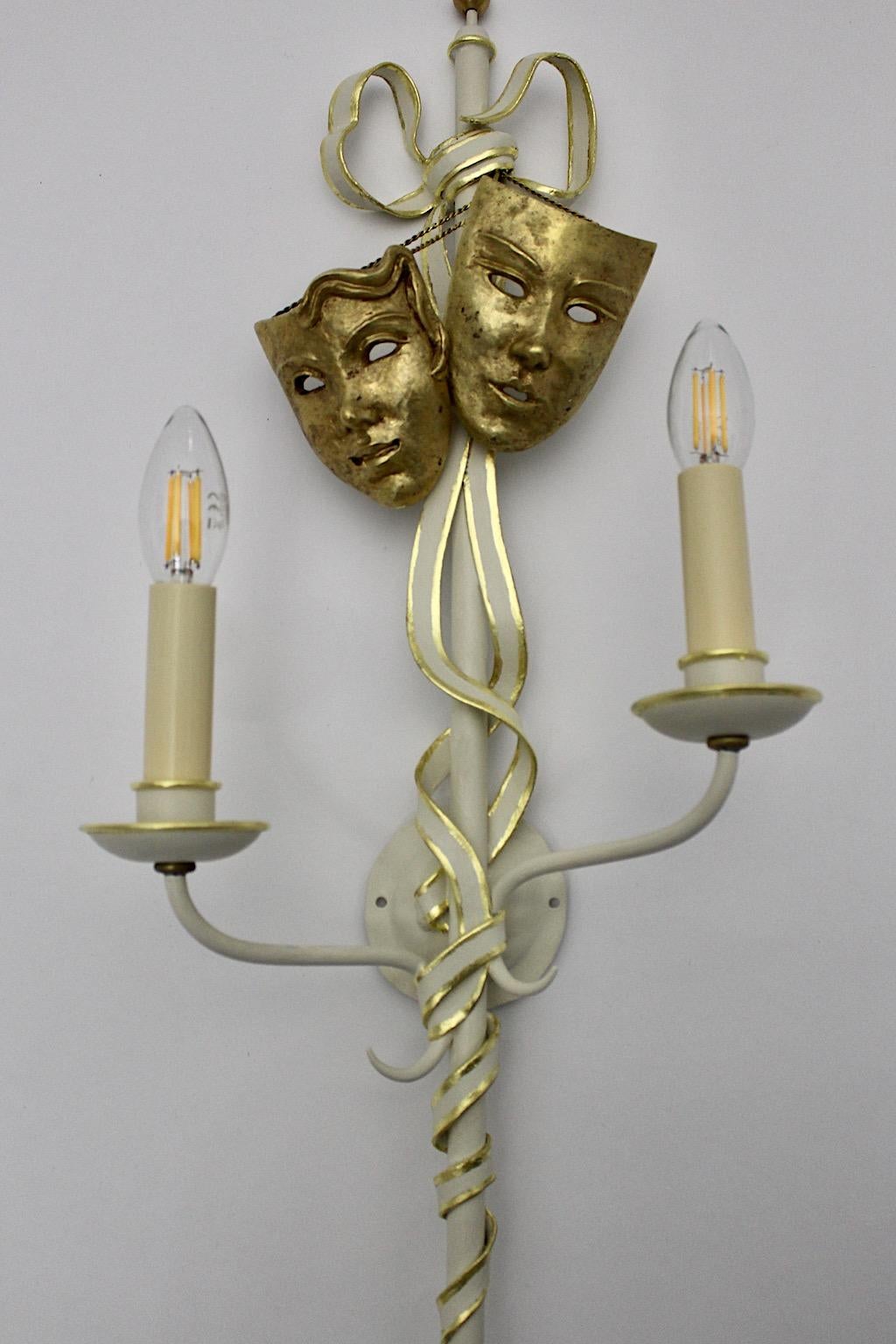 Mid-Century Modern Vintage Gold White Three Metal Sconces with Masks Italy 1940s 5