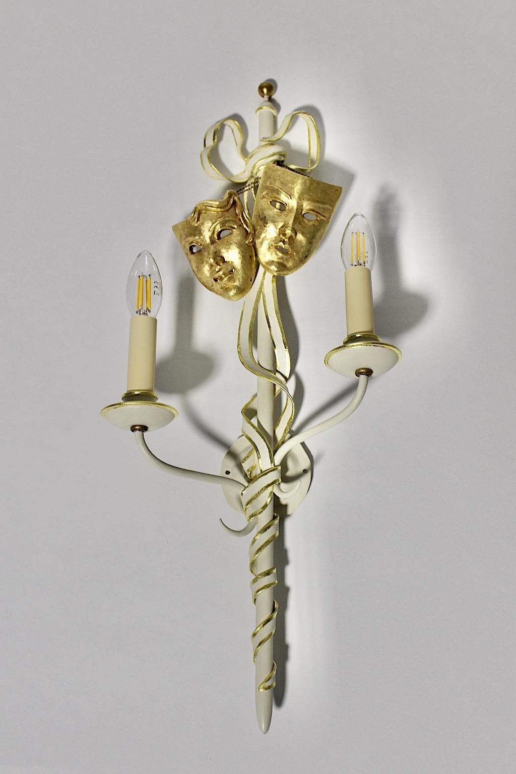 Mid-Century Modern Vintage Gold White Three Metal Sconces with Masks Italy 1940s 6