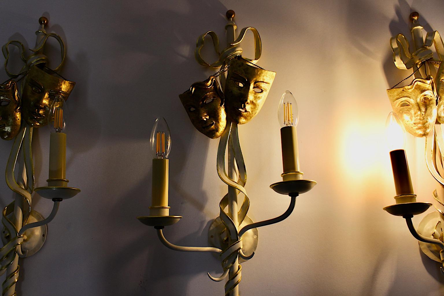 Mid-Century Modern Vintage Gold White Three Metal Sconces with Masks Italy 1940s 8