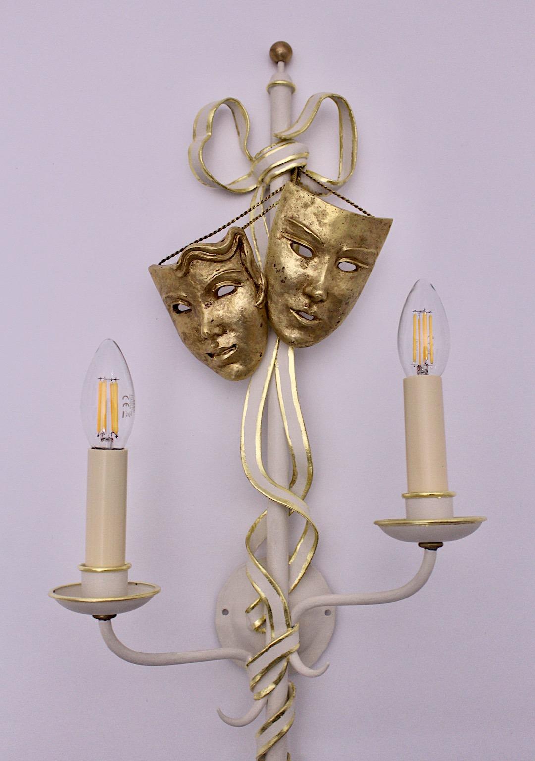 Mid-Century Modern Vintage Gold White Three Metal Sconces with Masks Italy 1940s 10