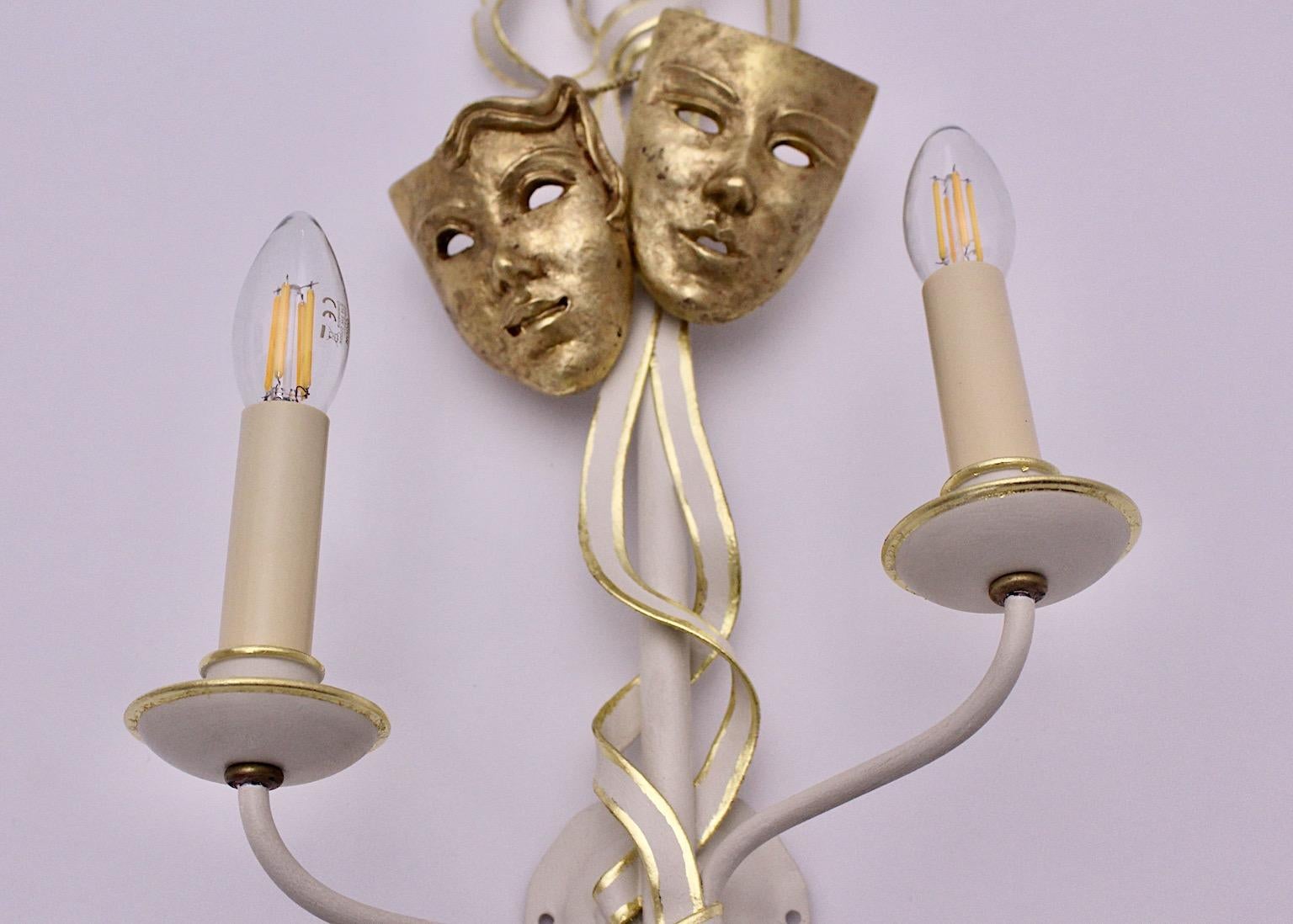 Mid-Century Modern Vintage Gold White Three Metal Sconces with Masks Italy 1940s 11