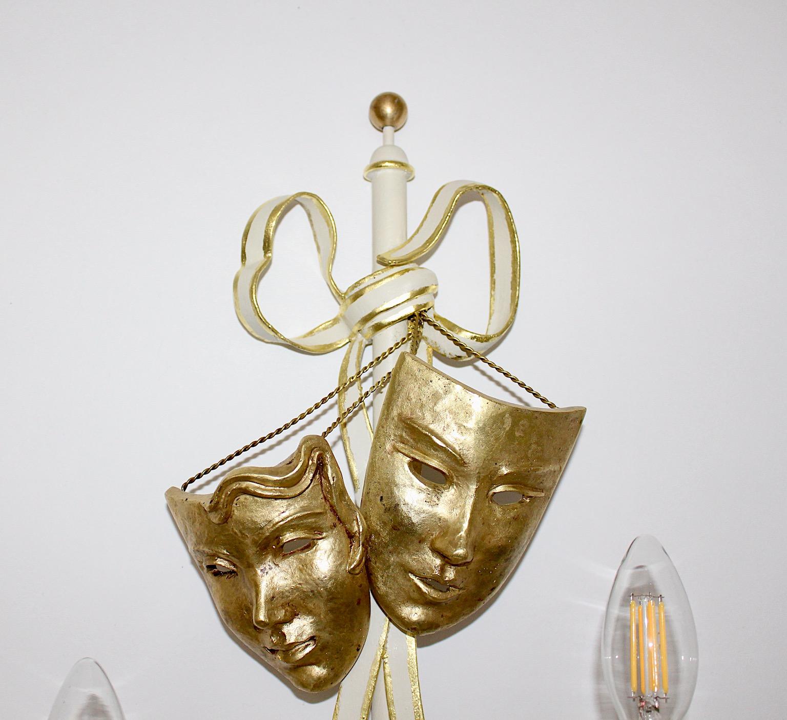 Mid-Century Modern Vintage Gold White Three Metal Sconces with Masks Italy 1940s 12