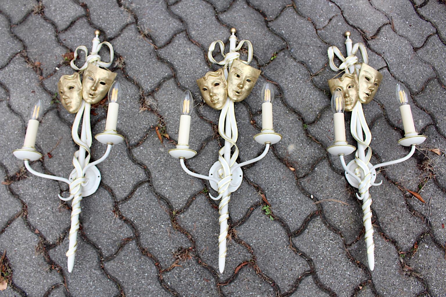 Mid-Century Modern Vintage Gold White Three Metal Sconces with Masks Italy 1940s 14