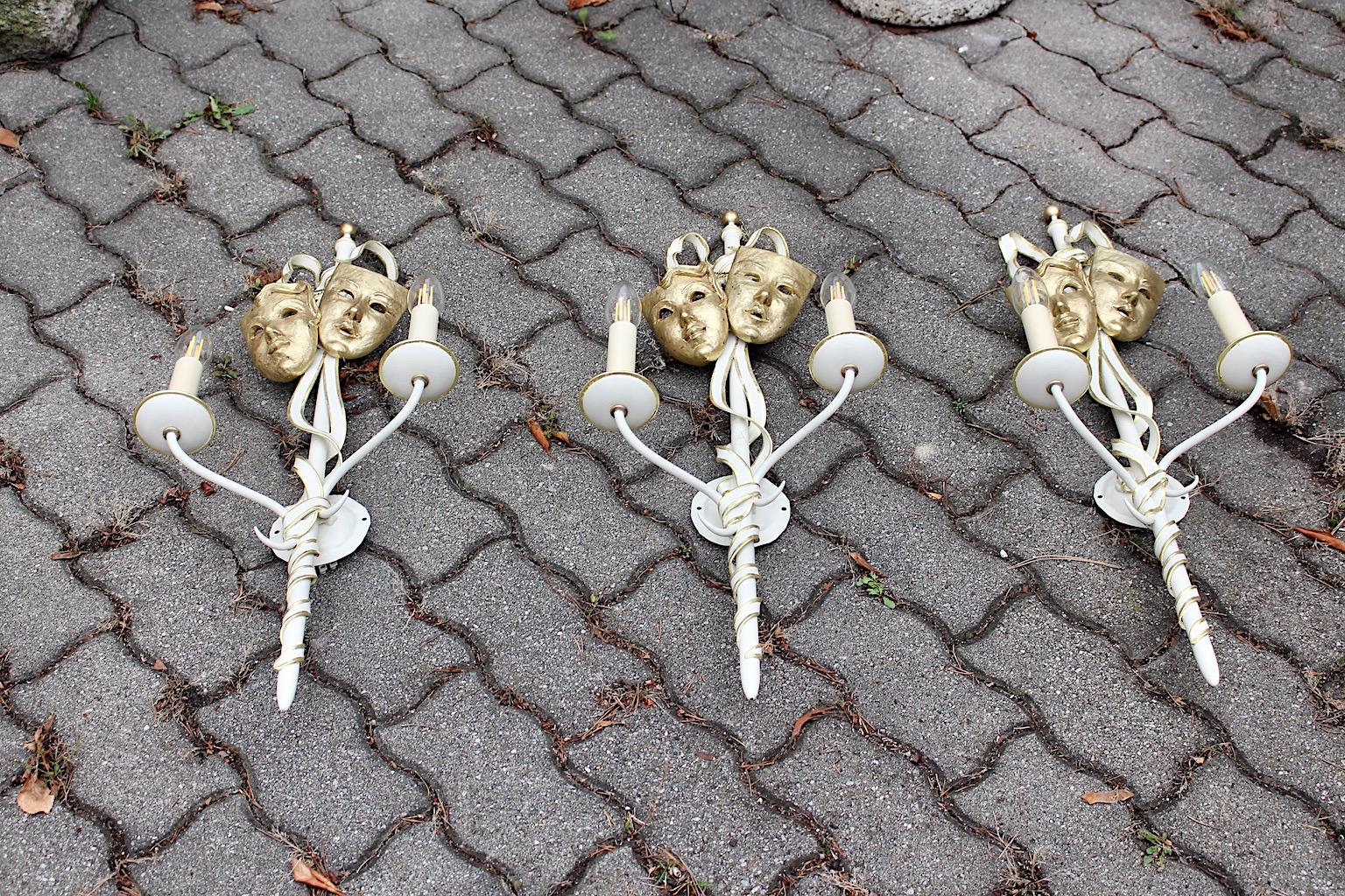 Mid-Century Modern Vintage Gold White Three Metal Sconces with Masks Italy 1940s 15