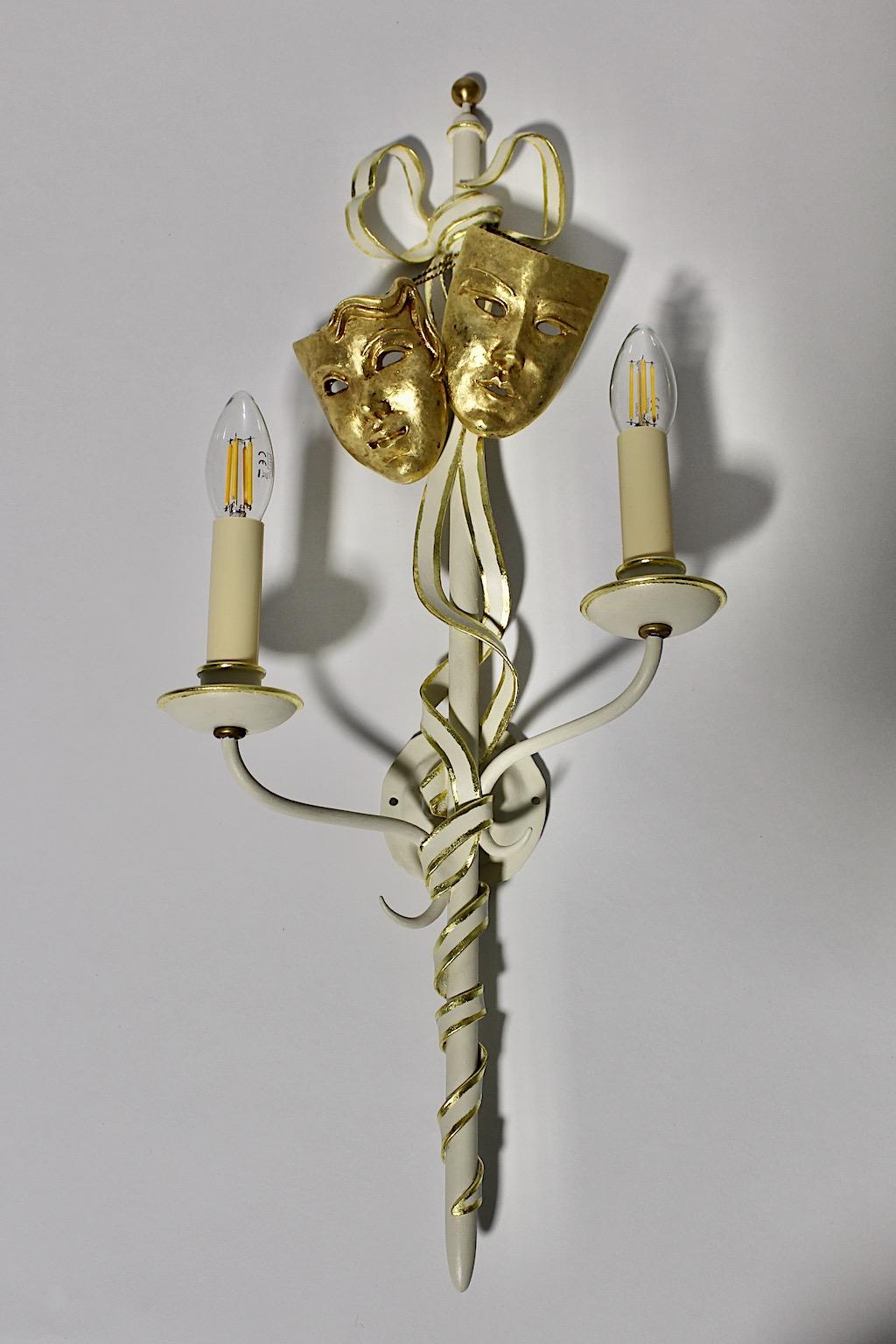 Italian Mid-Century Modern Vintage Gold White Three Metal Sconces with Masks Italy 1940s