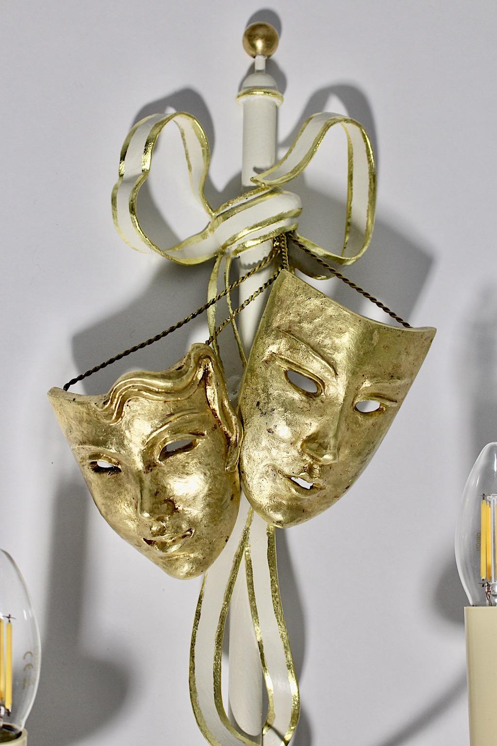 Mid-20th Century Mid-Century Modern Vintage Gold White Three Metal Sconces with Masks Italy 1940s