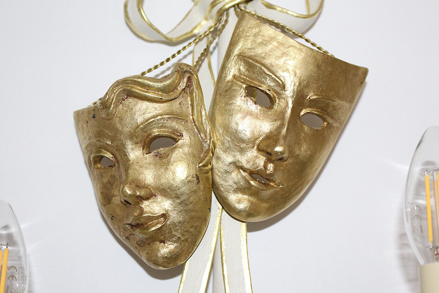 Mid-Century Modern Vintage Gold White Three Metal Sconces with Masks Italy 1940s 2