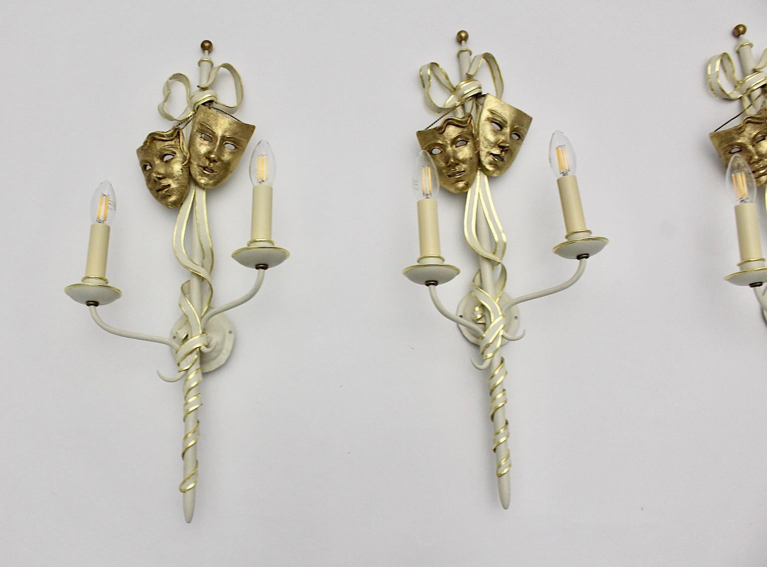 Mid-Century Modern Vintage Gold White Three Metal Sconces with Masks Italy 1940s 3