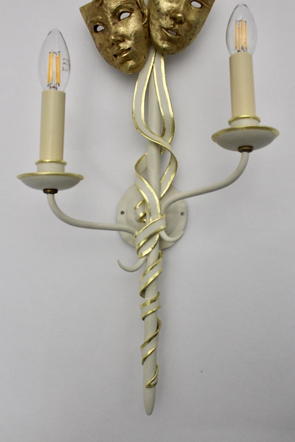 Mid-Century Modern Vintage Gold White Three Metal Sconces with Masks Italy 1940s 4