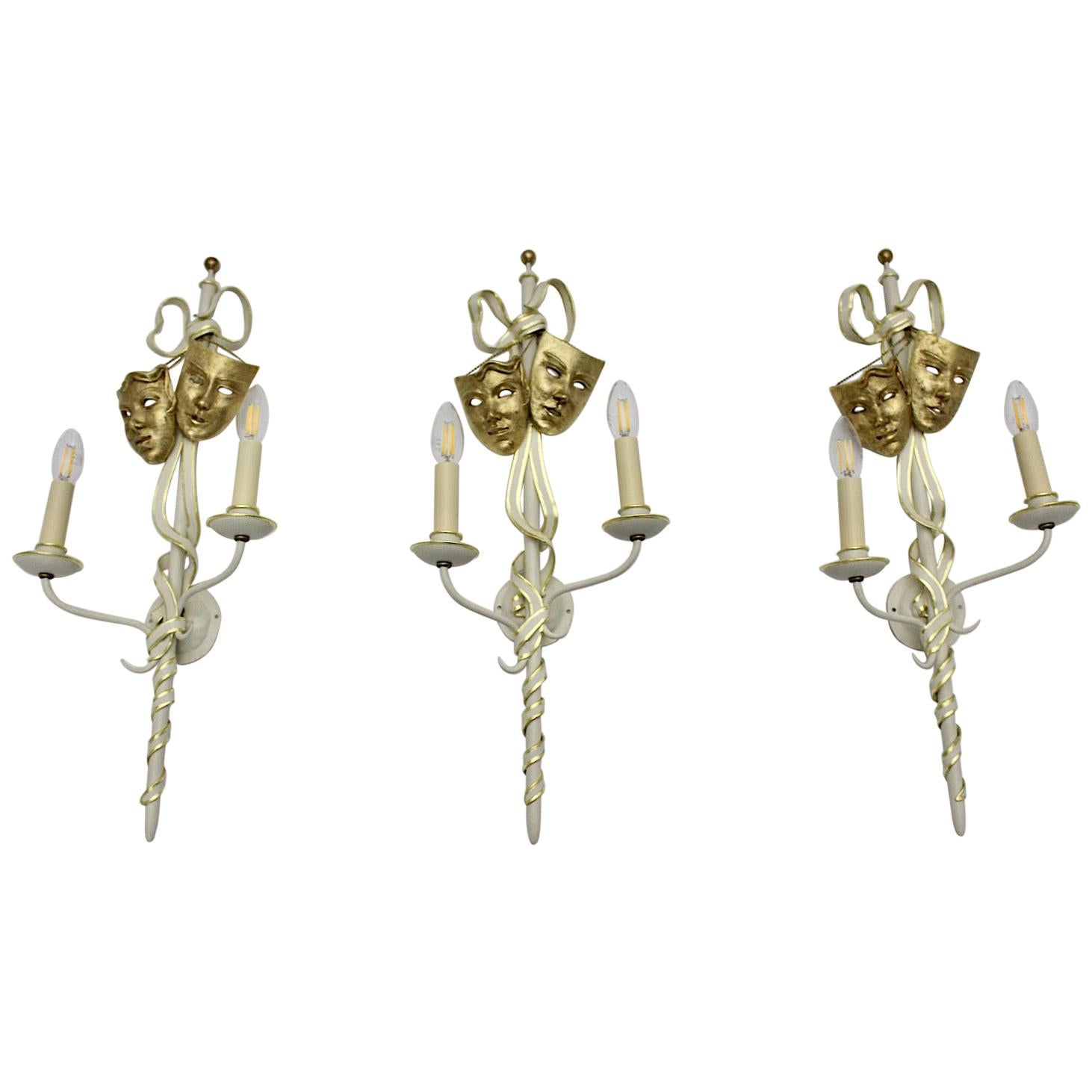 Mid-Century Modern Vintage Gold White Three Metal Sconces with Masks Italy 1940s