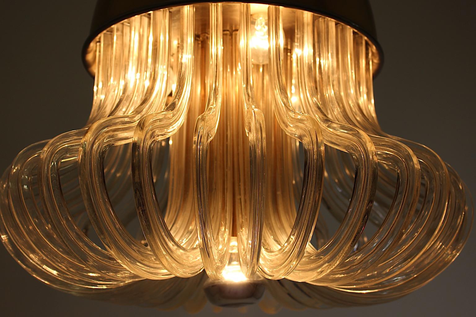 Mid Century Modern Vintage Golden Brass Crystal Glass Chandelier Bakalowits 1960 For Sale 4
