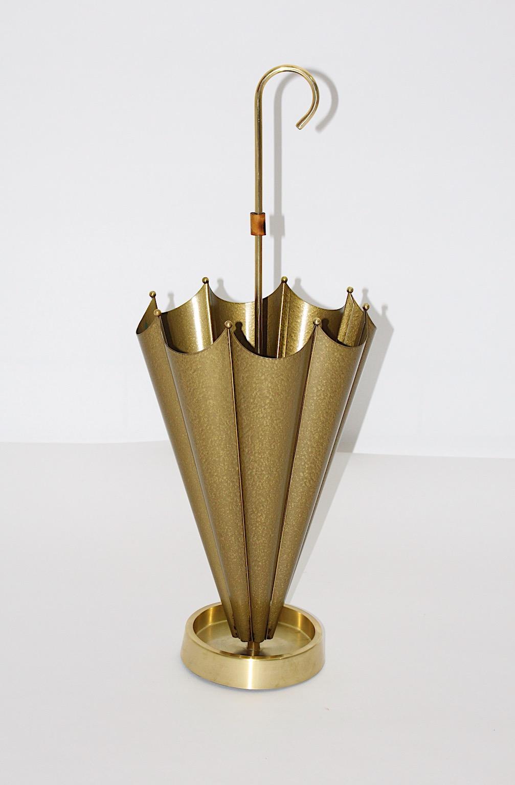 Italian Mid-Century Modern Vintage Golden Metal Bamboo Umbrella Stand Italy 1950s For Sale
