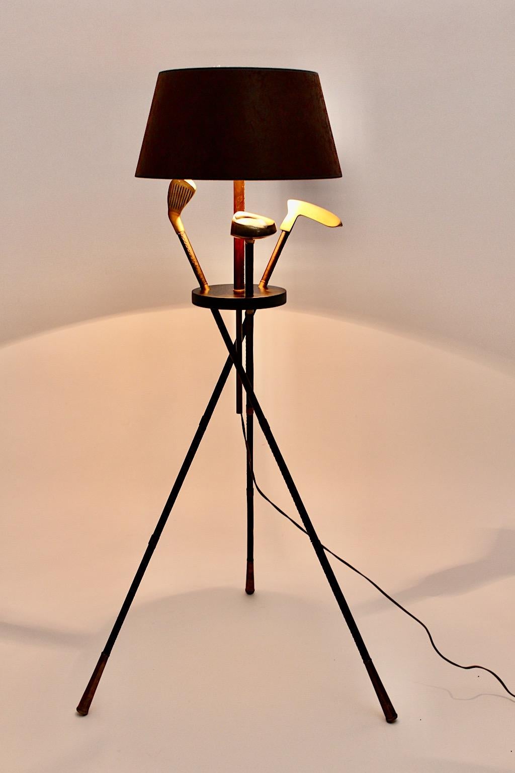 Mid Century Modern Vintage Golf Club Leather Brass Floor Lamp Jacques Adnet 1940 For Sale 5