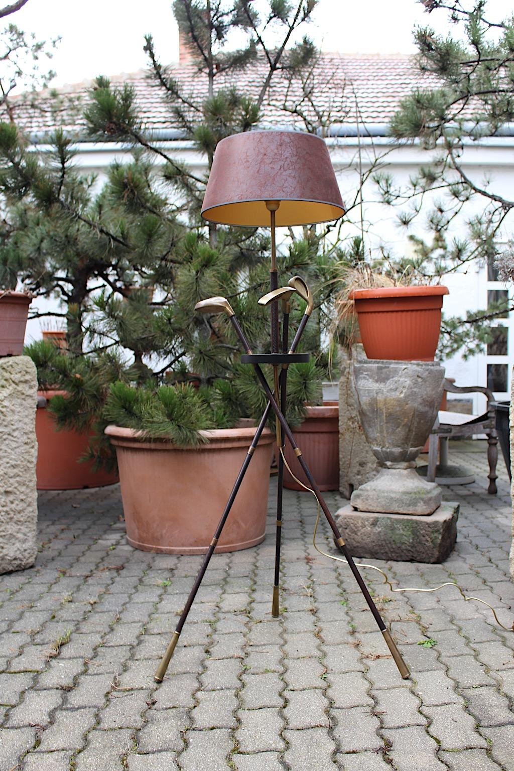 Mid Century Modern Vintage Golf Club Leather Brass Floor Lamp Jacques Adnet 1940 For Sale 7