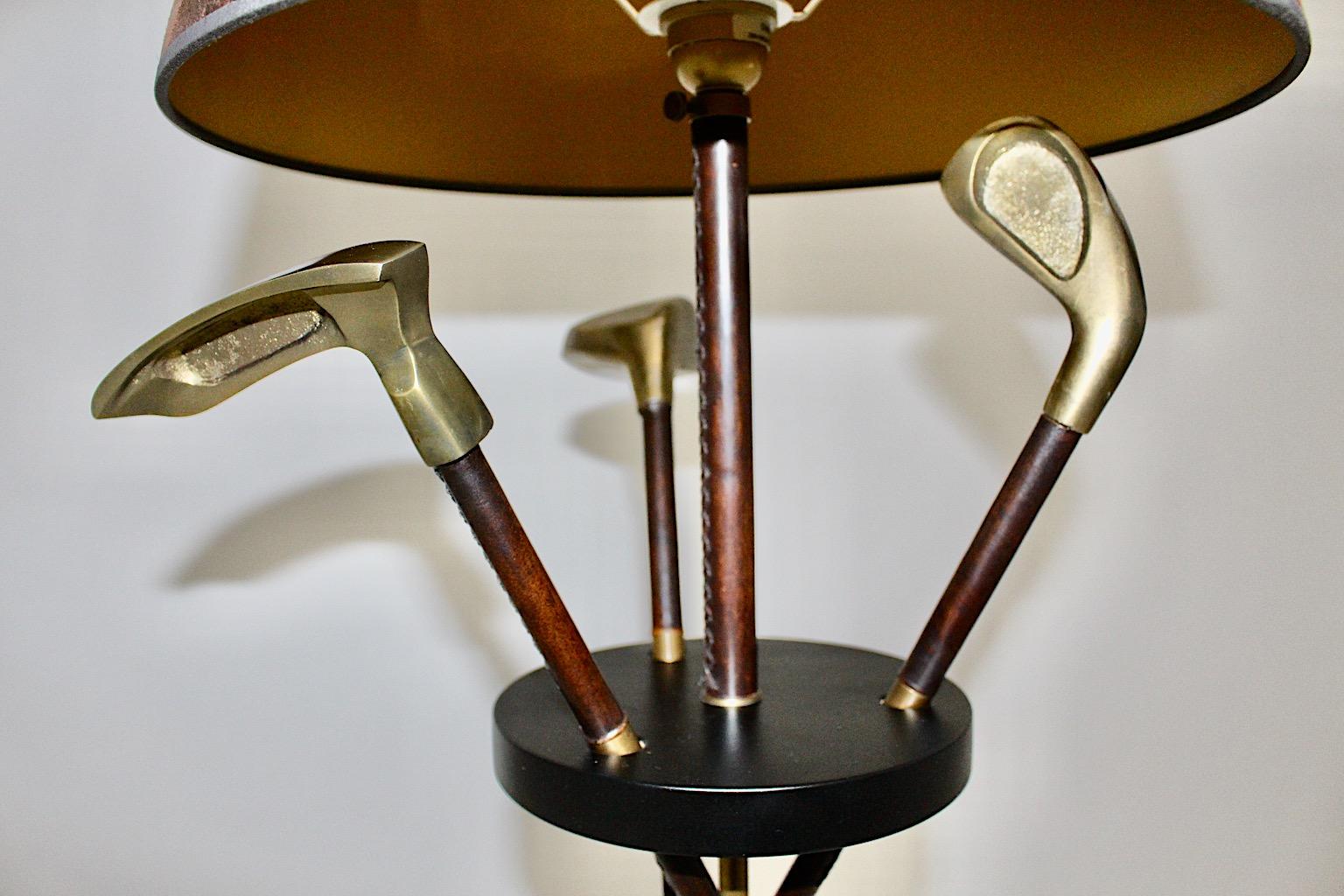 20th Century Mid Century Modern Vintage Golf Club Leather Brass Floor Lamp Jacques Adnet 1940 For Sale