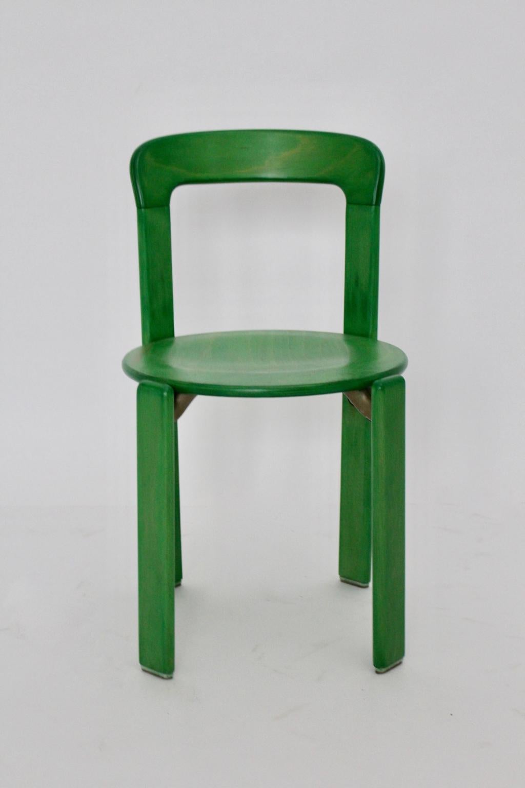 Mid-Century Modern Vintage Green Beech Dining Chairs Bruno Rey 1970s Set of Six 3