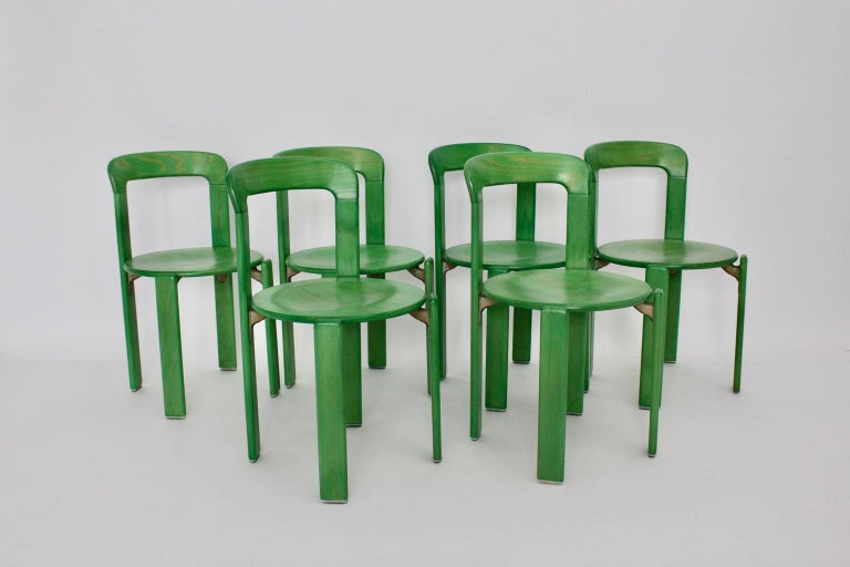 Mid-Century Modern Vintage Green Beech Dining Chairs Bruno Rey 1970s Set of Six In Good Condition In Vienna, AT