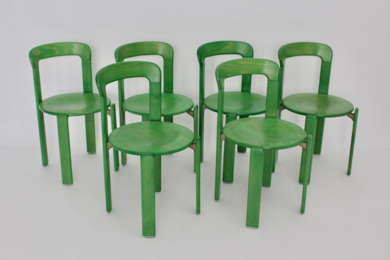Late 20th Century Mid-Century Modern Vintage Green Beech Dining Chairs Bruno Rey 1970s Set of Six