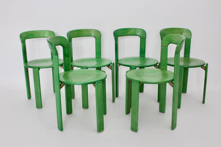 Aluminum Mid-Century Modern Vintage Green Beech Dining Chairs Bruno Rey 1970s Set of Six