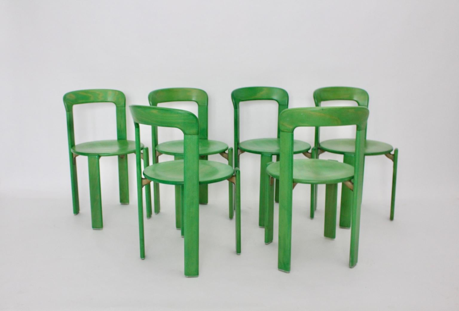 Mid-Century Modern Vintage Green Beech Dining Chairs Bruno Rey 1970s Set of Six In Good Condition In Vienna, AT