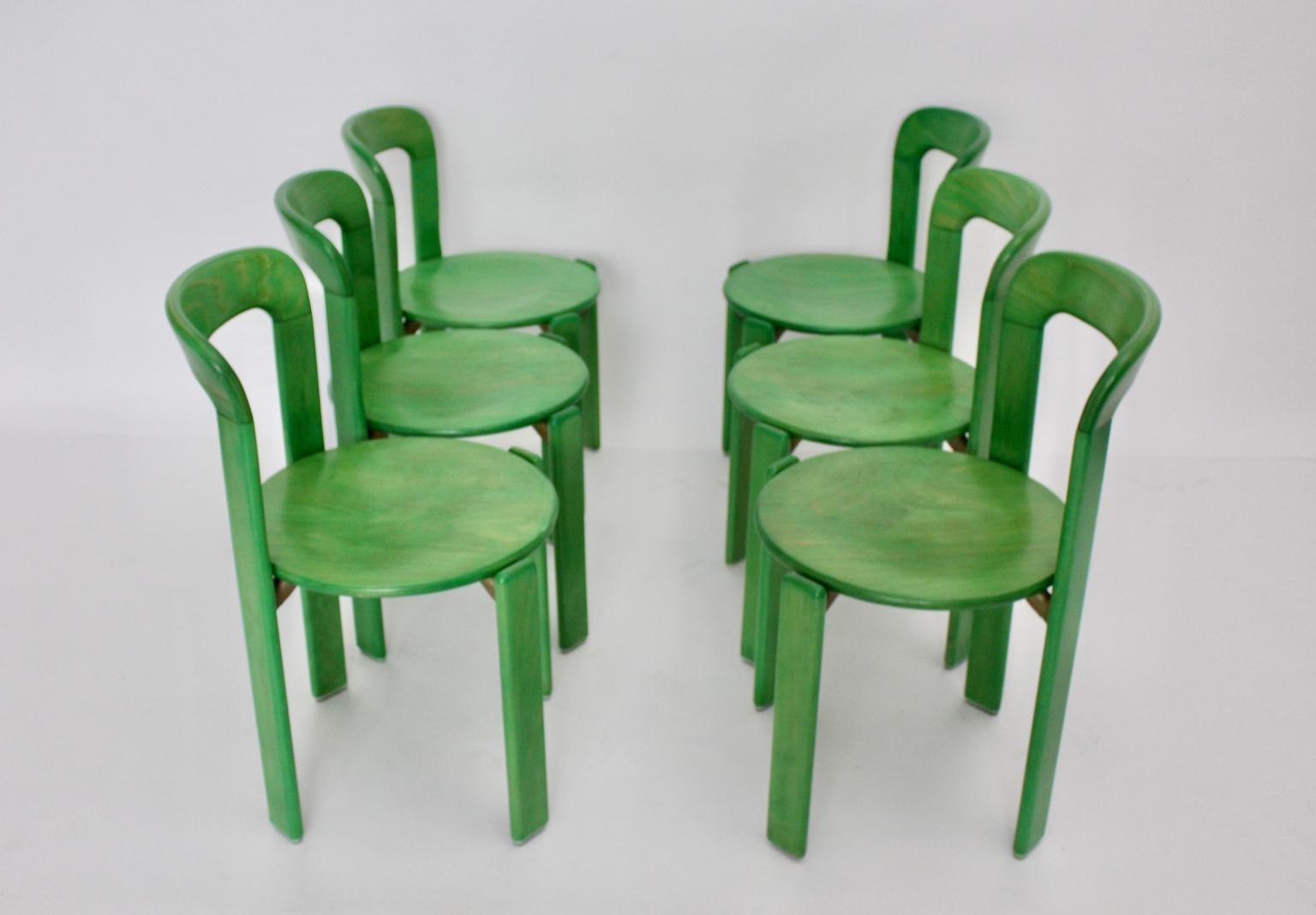 Aluminium Ensemble de six chaises de salle à manger vintage en hêtre vert Bruno Rey, style mi-siècle moderne, années 1970