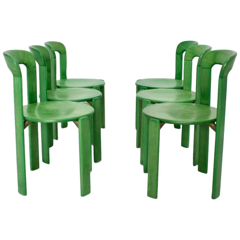 Mid-Century Modern Vintage Green Beech Dining Chairs Bruno Rey 1970s Set of Six