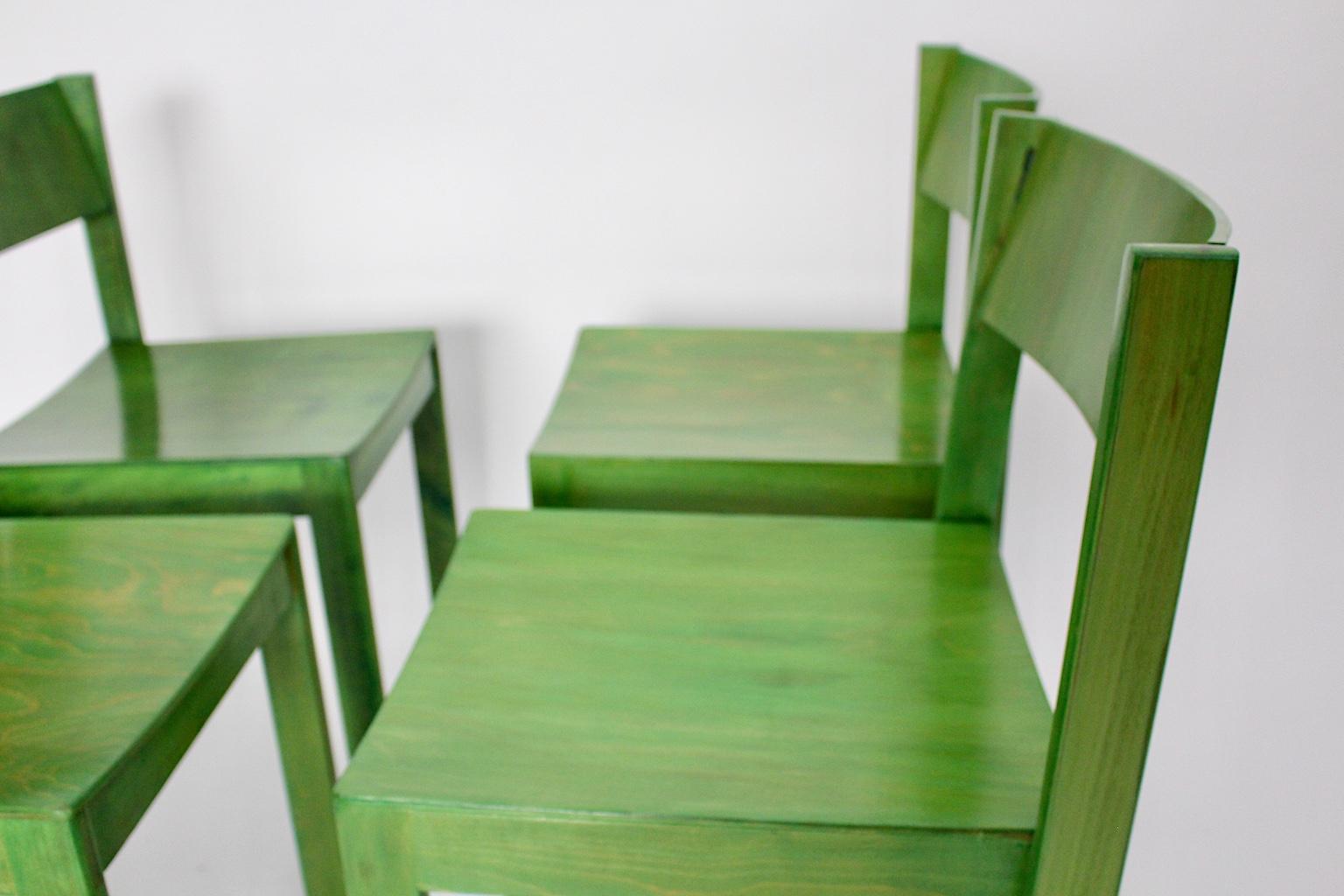 Mid-Century Modern Four Vintage Green Beech Dining Chairs, circa 1956, Austria For Sale 9