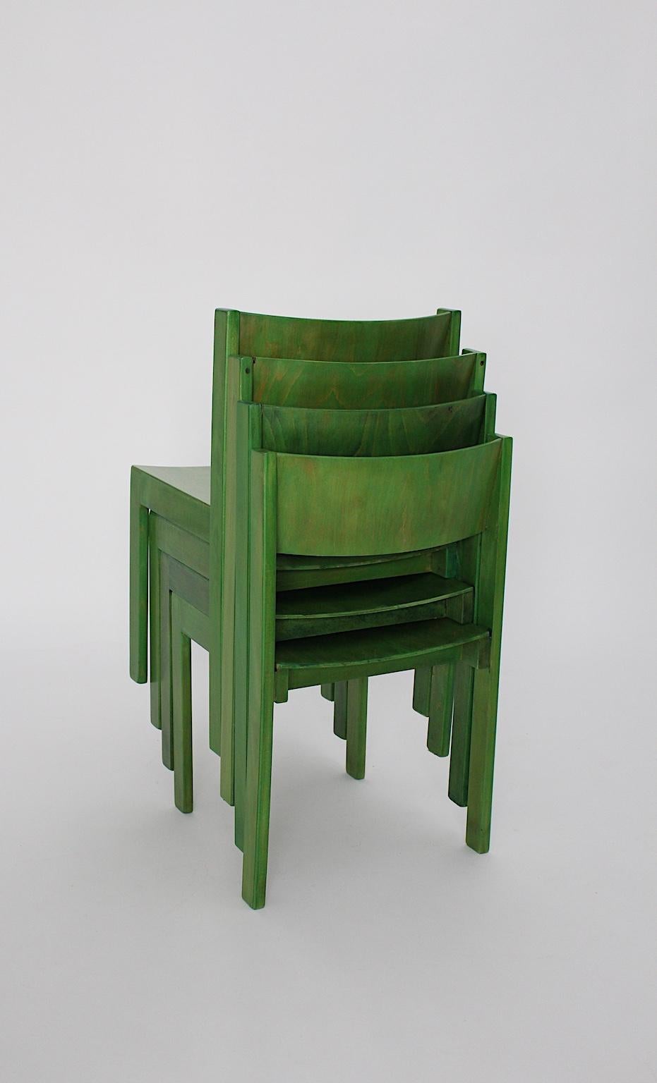 Mid-20th Century Mid-Century Modern Four Vintage Green Beech Dining Chairs, circa 1956, Austria For Sale