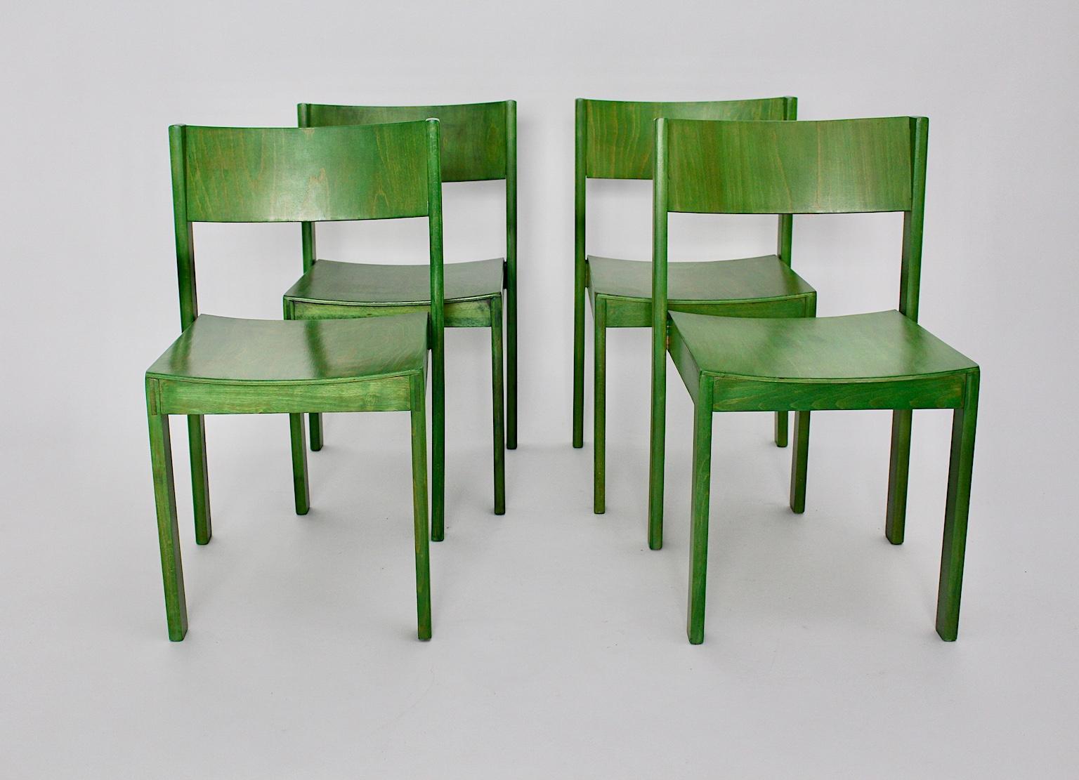 Mid-Century Modern Four Vintage Green Beech Dining Chairs, circa 1956, Austria For Sale 1