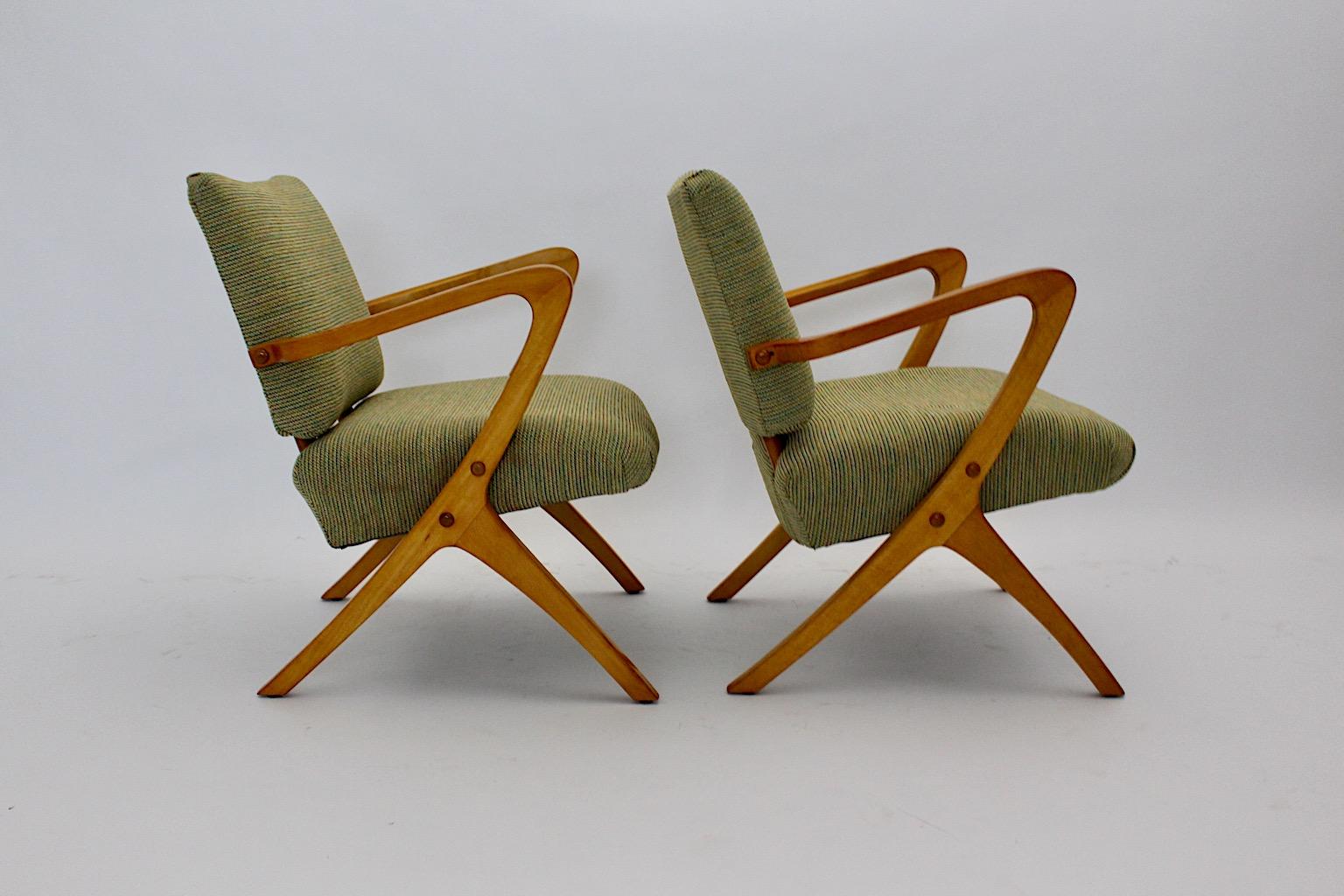 Mid Century Modern Vintage Green Beech Sculptural Lounge Chairs Austria 1950s For Sale 6