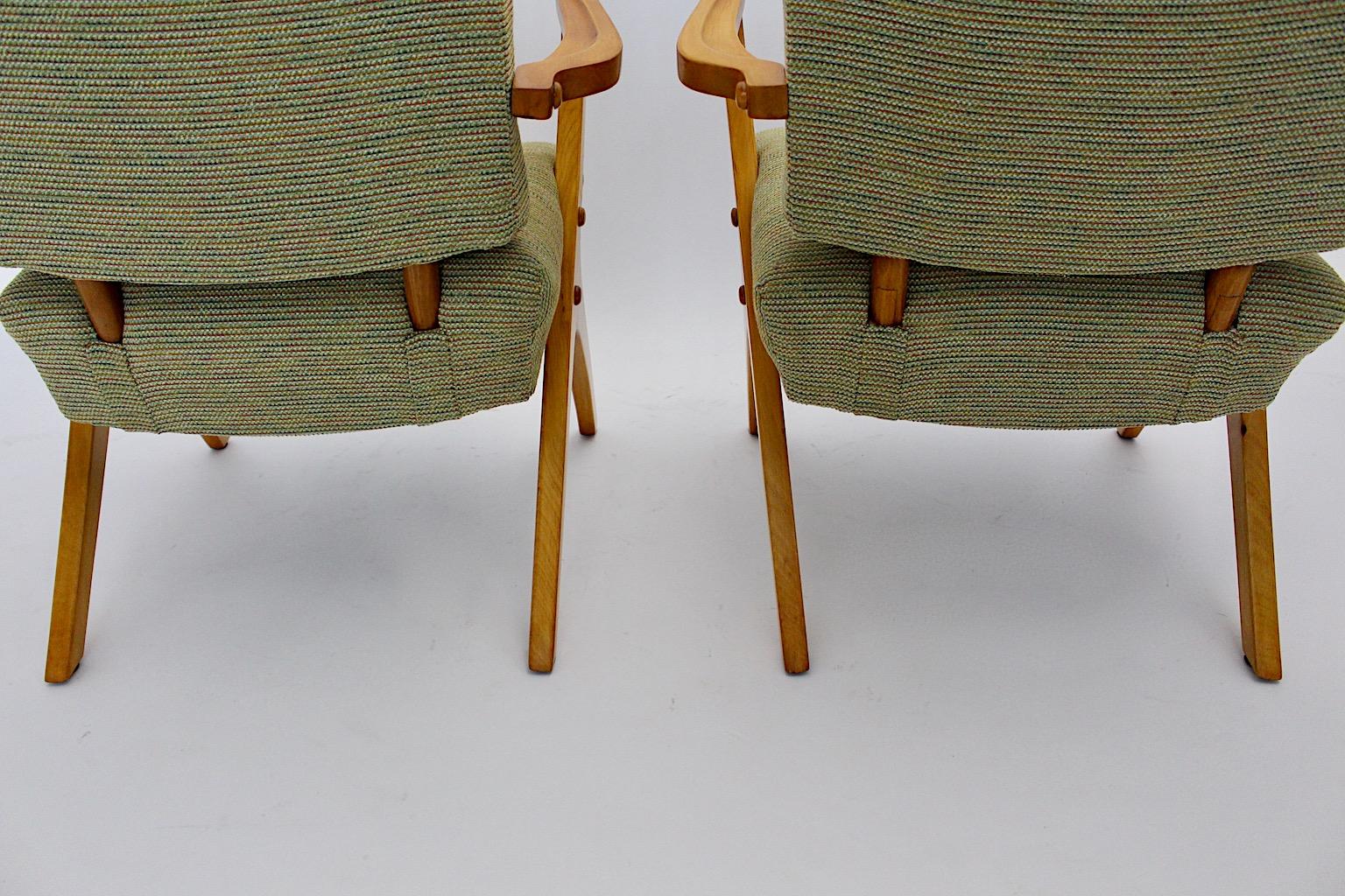 Mid Century Modern Vintage Green Beech Sculptural Lounge Chairs Austria 1950s For Sale 9