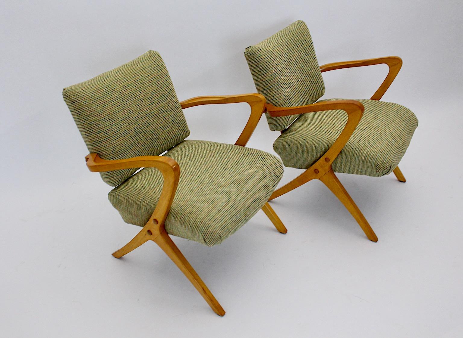 Mid-Century Modern Mid Century Modern Vintage Green Beech Sculptural Lounge Chairs Austria 1950s For Sale