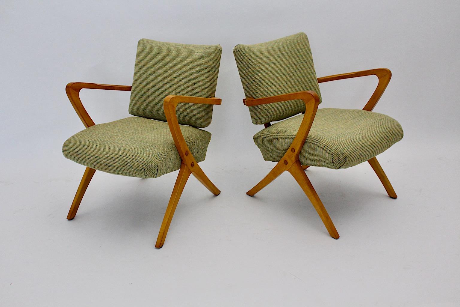 Austrian Mid Century Modern Vintage Green Beech Sculptural Lounge Chairs Austria 1950s For Sale
