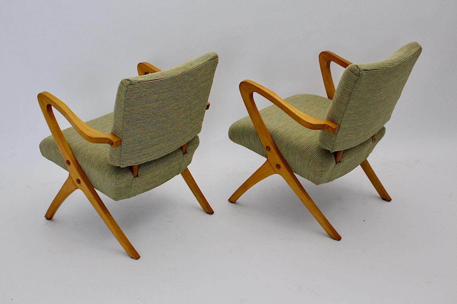 Mid Century Modern Vintage Green Beech Sculptural Lounge Chairs Austria 1950s In Good Condition For Sale In Vienna, AT