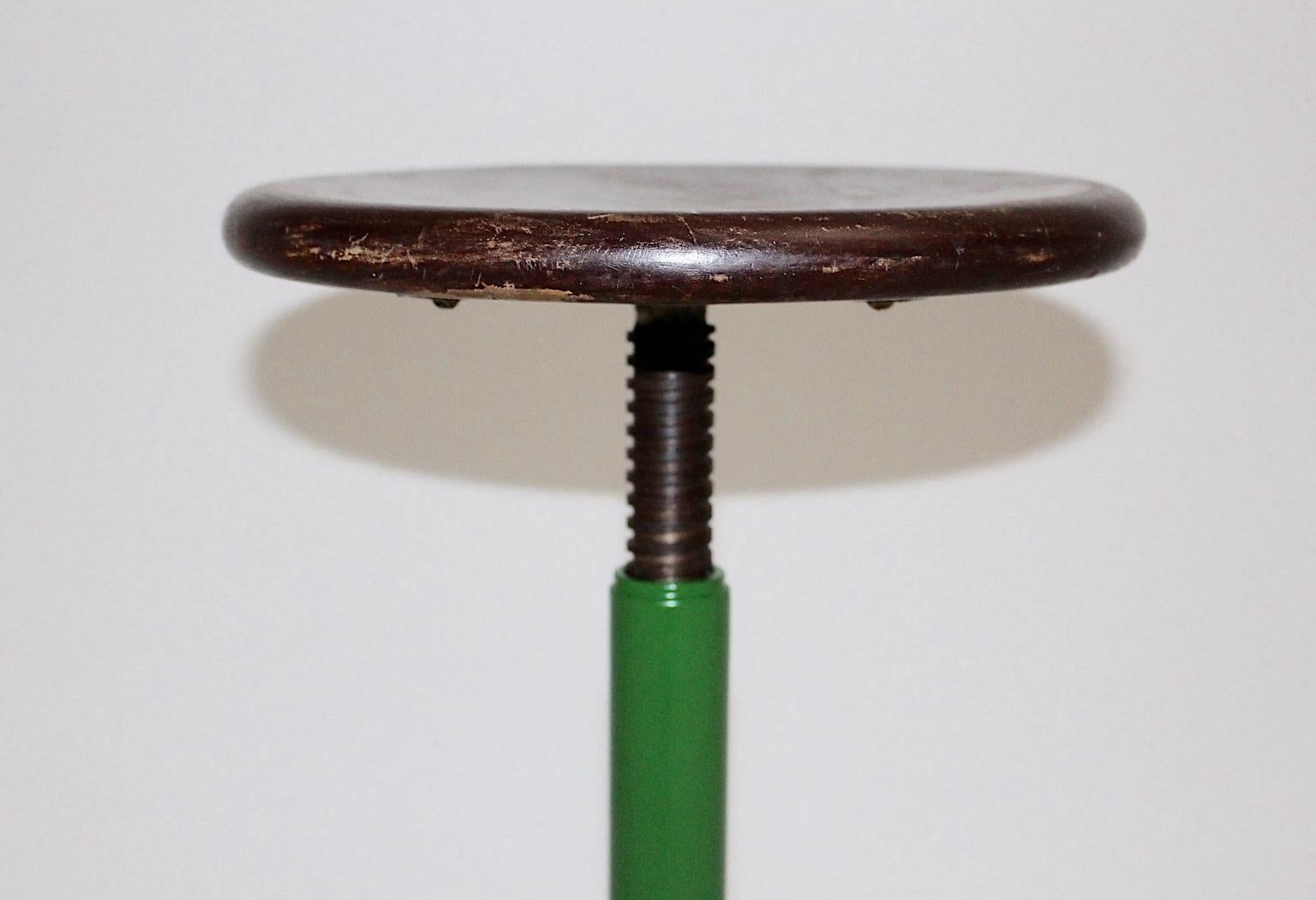 Mid-Century Modern Vintage Green Metal Wood Industry Stool, 1950s In Good Condition In Vienna, AT