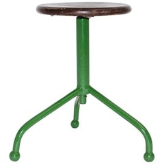 Mid-Century Modern Vintage Green Metal Wood Industry Stool, 1950s