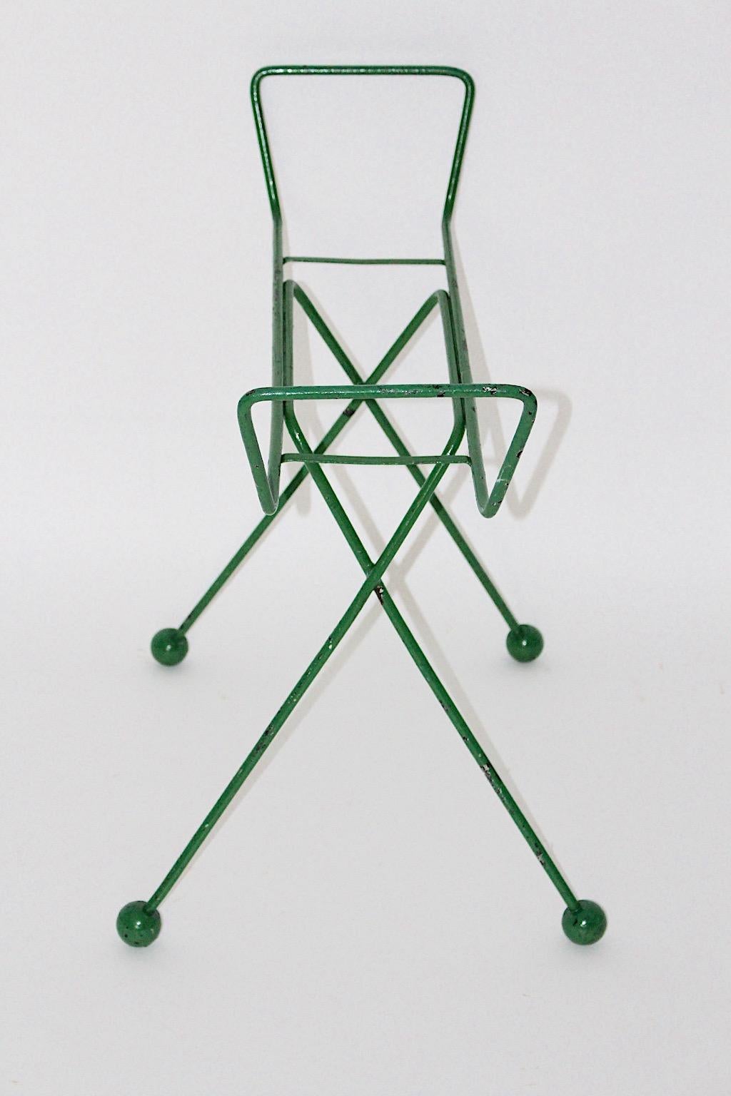 Lacquered Mid Century Modern Vintage Green Metal Wood Luggage Rack 1950 France For Sale