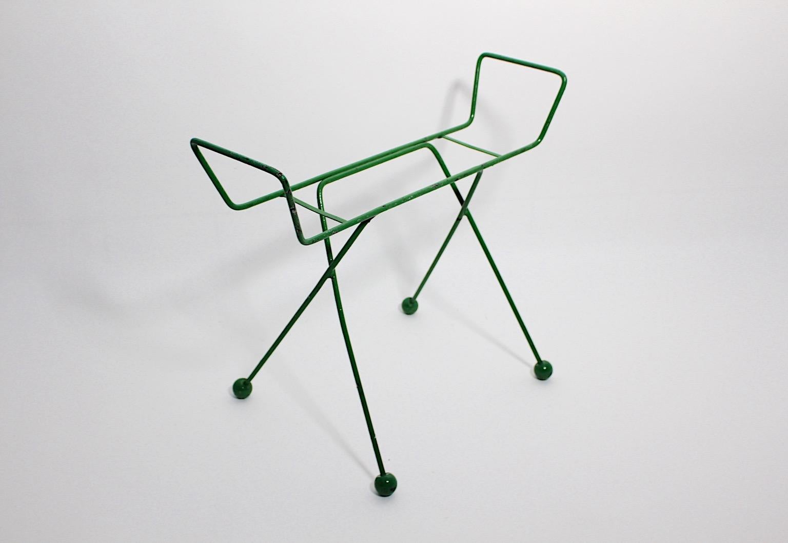 Mid Century Modern Vintage Green Metal Wood Luggage Rack 1950 France For Sale 1